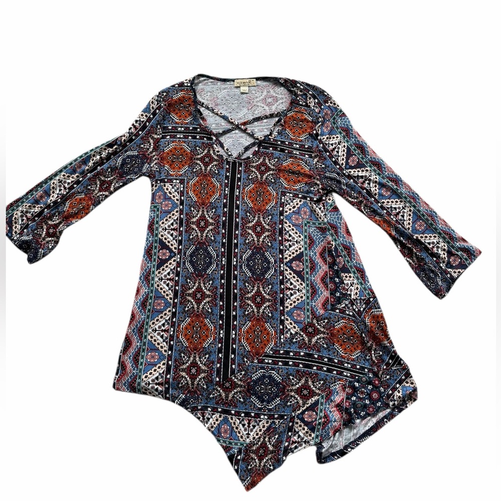 ONE WORLD Blue and Rust Patterned Crisscross Tunic Top - Picture 2 of 11